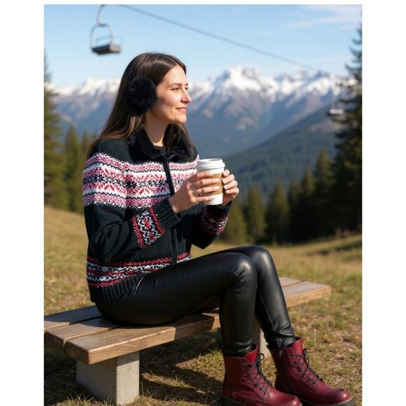 Carolyn Taylor Women's Nordic Winter Sweater Winter Holiday Zip Faux Fur Size XL - Picture 1 of 16